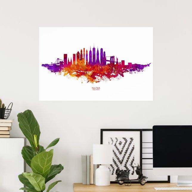 New York City Skyline Watercolor on White Poster (Home Office)
