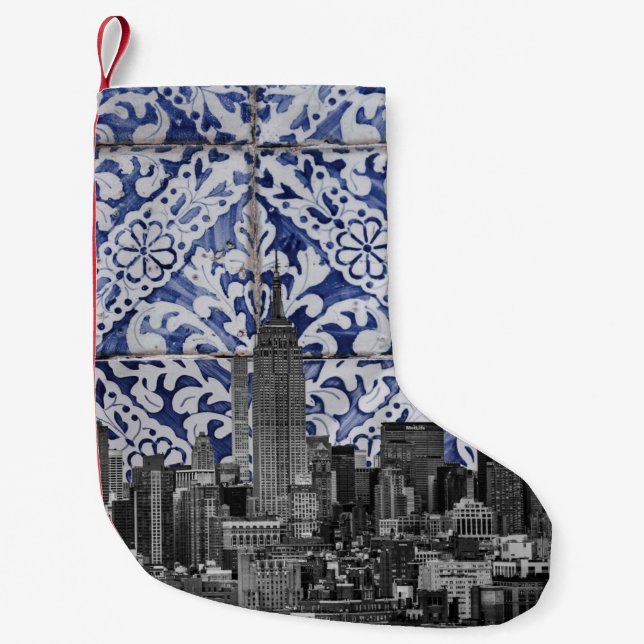 New York City Skyscrapers Meet Portuguese Tiles Small Christmas Stocking (Front)