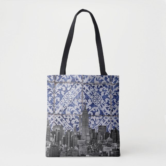 New York City Skyscrapers Meet Portuguese Tiles Tote Bag (Front)