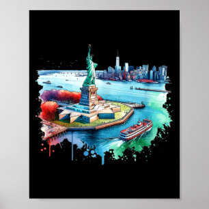 New York City Statue of Liberty Watercolor River Poster