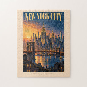 New York City Sunset Illustration Travel Art Retro Jigsaw Puzzle