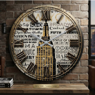 New York City Typography Landmarks Gold Large Clock