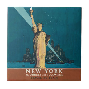 New York City Vintage Travel Liberty Skyline Ceramic Tile