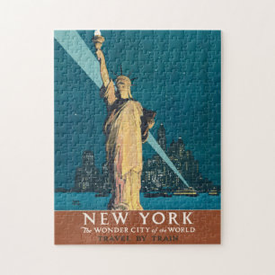New York City Vintage Travel Liberty Skyline Jigsaw Puzzle