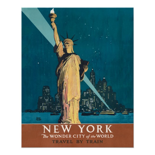 New York City Vintage Travel Liberty Skyline Poster (Front)