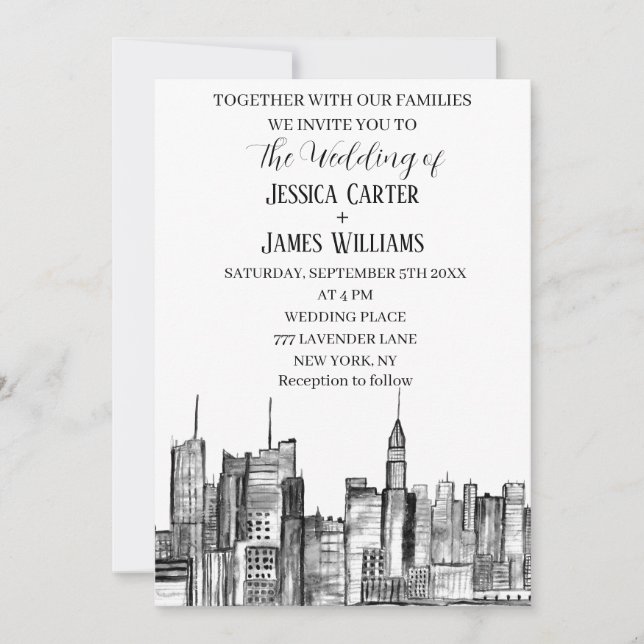 New York City Watercolor Destination Chic Wedding Invitation (Front)