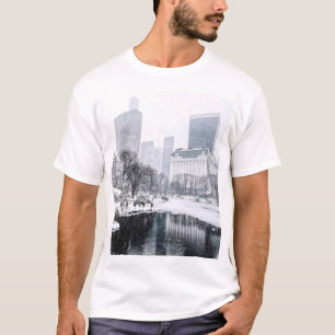 New York City Winter in Central Park Skyline Art  T-Shirt