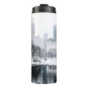 New York City Winter in Central Park Skyline Art Thermal Tumbler