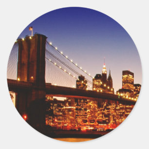 New York cityscape with bridge over river Classic Round Sticker