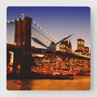 New York cityscape with bridge over river Square Wall Clock