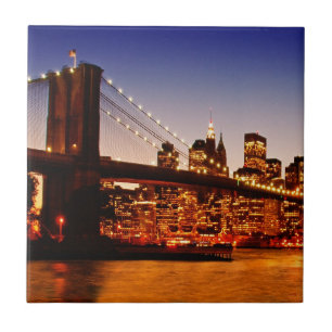 New York cityscape with bridge over river Tile