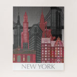 New York Elevations by Night - Red Jigsaw Puzzle<br><div class="desc">"New York Elevations by Night Red" by Fab Funky. Features popular New York City landmarks at nighttime in a red and grey colour scheme.</div>