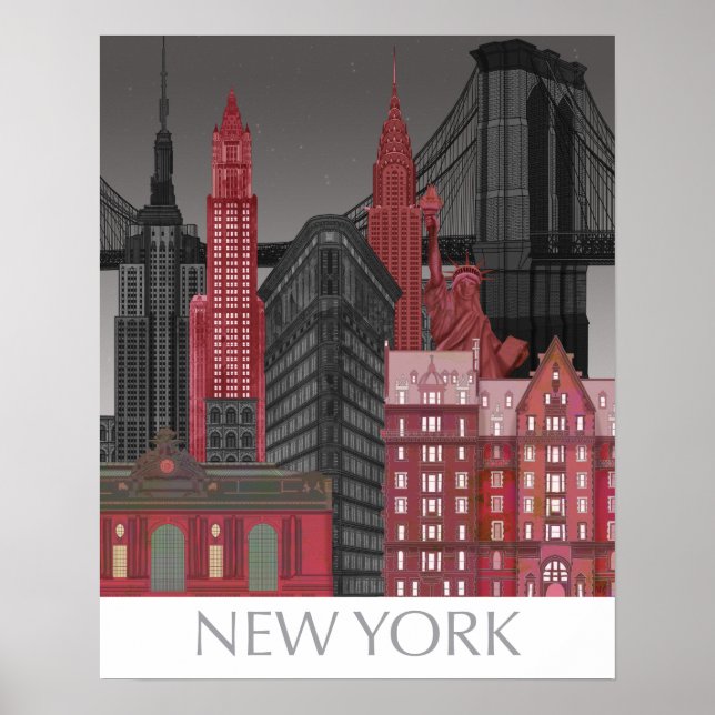 New York Elevations by Night - Red Poster (Front)