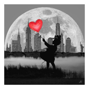 NEW YORK Full Moon Girl Balloon Photo Enlargement Print