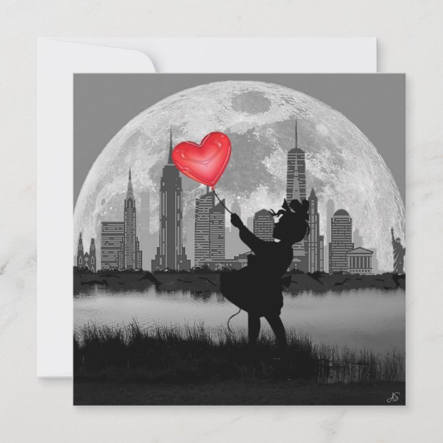 NEW YORK Full Moon Girl wh Heart Balloon Art Card (Front)