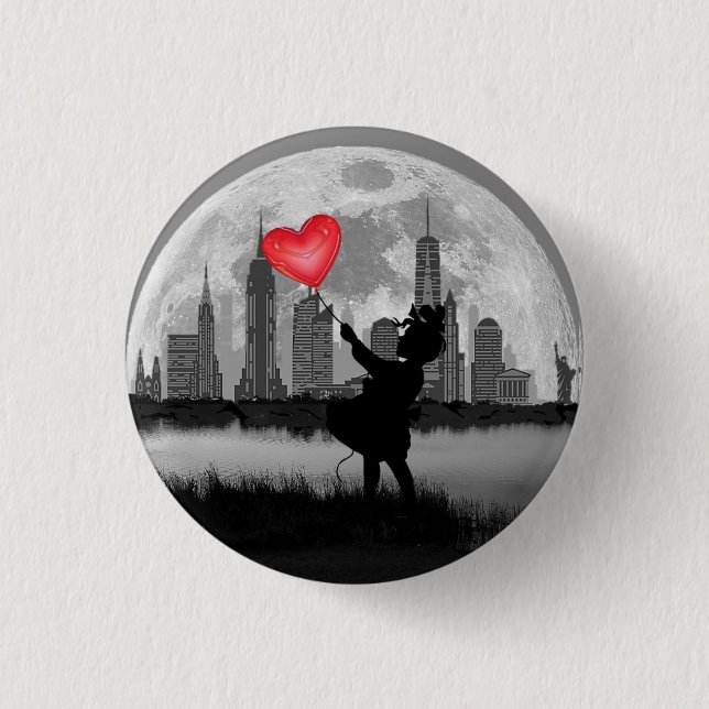 NEW YORK Full Moon Girl with Heart Balloon Button (Front)