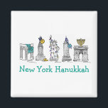 New York Hanukkah NYC Chanukah Jewish Holidays Magnet<br><div class="desc">Features an original marker illustration of classic New York City landmarks, including Washington Square Arch, Brooklyn Bridge, and Statue of Liberty, "dressed up" for the holidays. Perfect for anyone who lives in or loves the "hustle and bustle" of NYC during the Hanukkah season. This holiday illustration is also available on...</div>