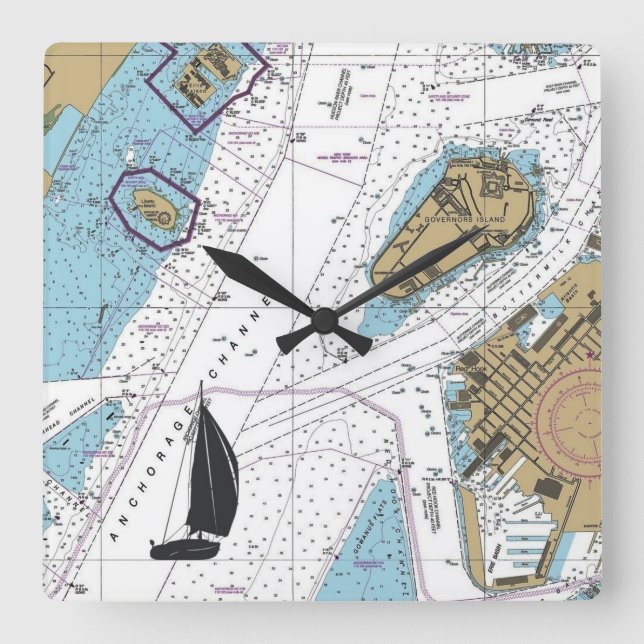 New York Harbour Chart Square Wall Clock (Front)