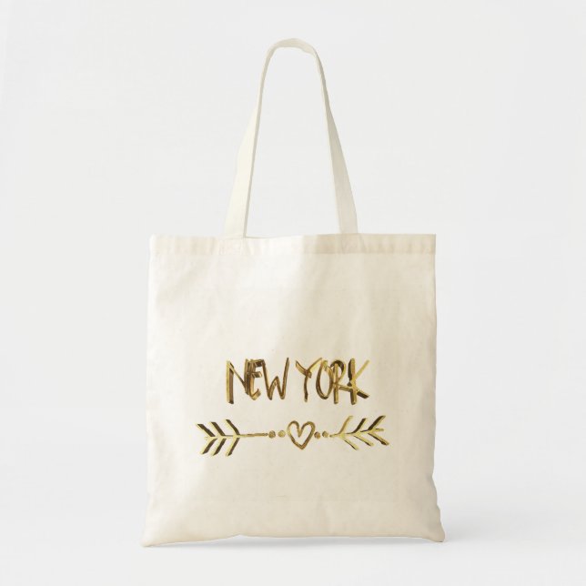 New York Heart Arrow Elegant Gold Brown Typography Tote Bag (Front)
