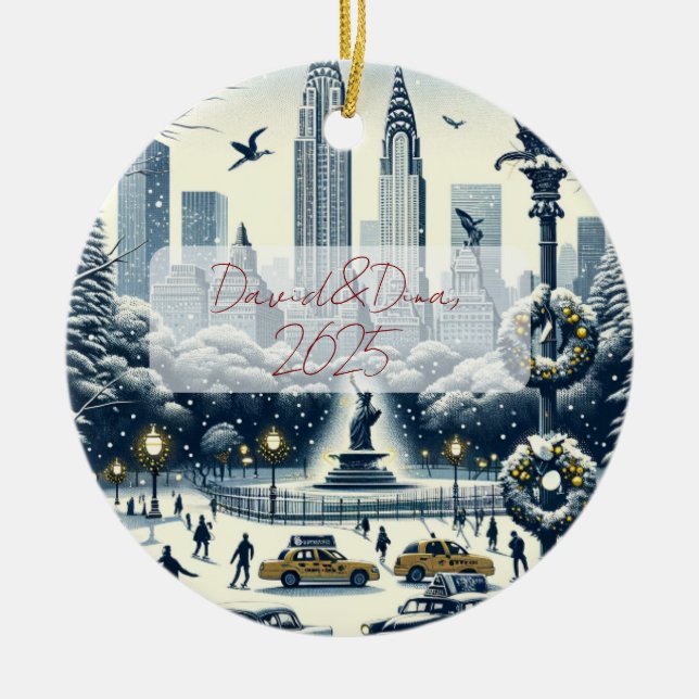 New York Holiday Elegance - Customisable Christmas Ceramic Ornament (Front)