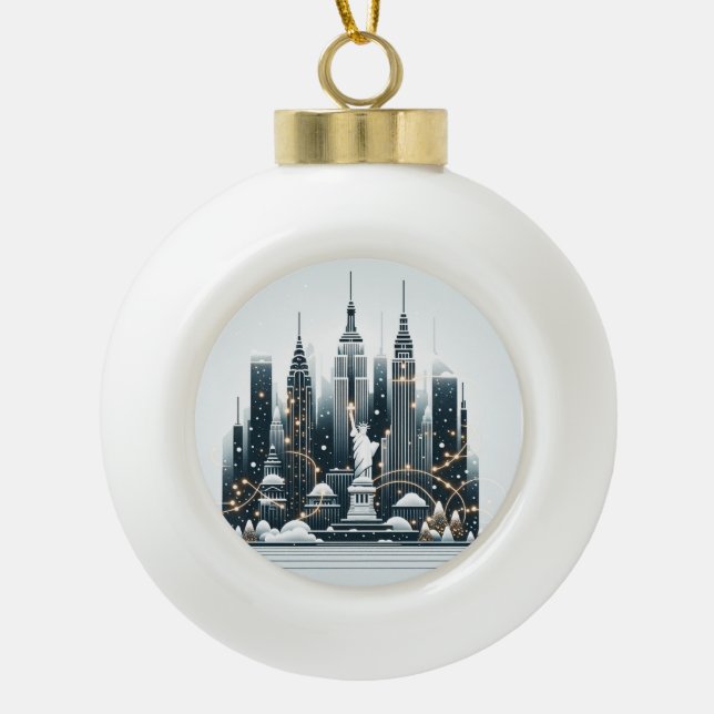 New York Holiday Elegance - Customizable Christmas Ceramic Ball Christmas Ornament (Front)
