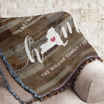 New York Home State Personalised Wood Look Throw Blanket<br><div class="desc">Show some home state pride with this cute rustic faux wood plank throw blanket featuring "home" in white calligraphy script lettering with a silhouette map of the state of New York standing in for the letter "O." A pink heart illustration inside the state map completes the design; you can change...</div>