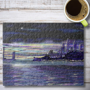 New York Hudson River Manhattan Purple Sunset Art Jigsaw Puzzle