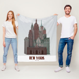 New York in Clouds - Dark Red and Green Fleece Blanket