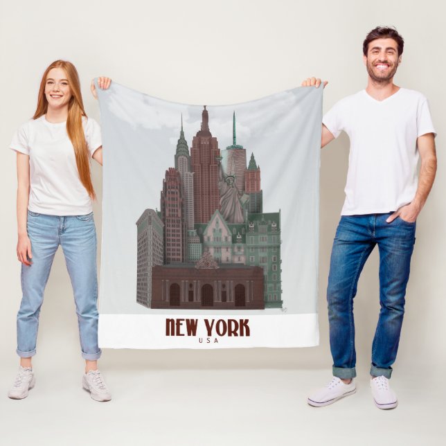 New York in Clouds - Dark Red and Green Fleece Blanket (In Situ)