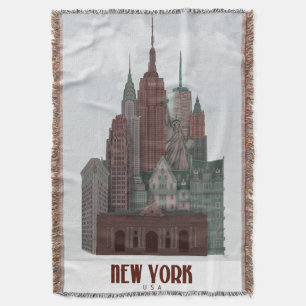 New York in Clouds - Dark Red and Green Throw Blanket