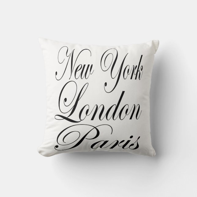 New York  London  Paris – Typography Slogan Cushion (Front)