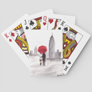 New York love couple with red umbrella Playing Cards