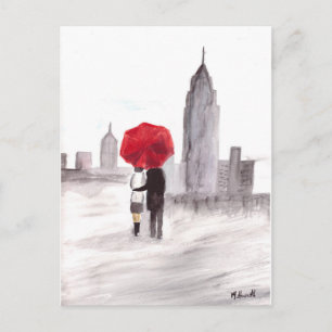 New York love couple with red umbrella Postcard