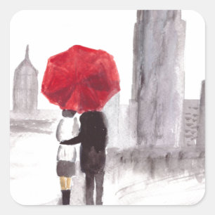 New York love couple with red umbrella Square Sticker