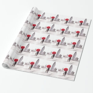 New York love couple with red umbrella Wrapping Paper