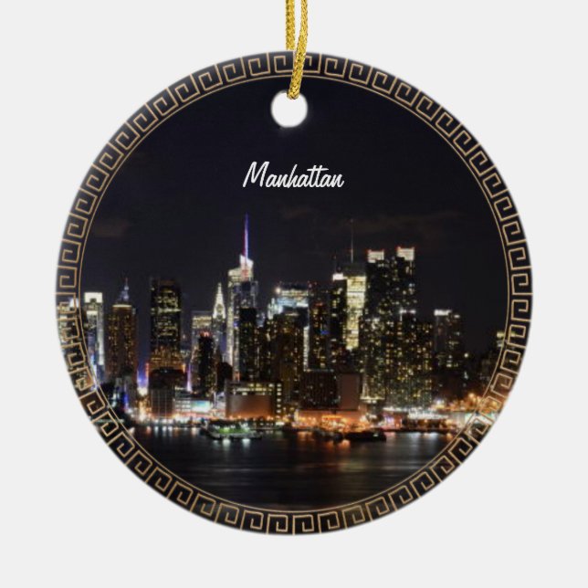 New York, Manhattan Skyline at Night Ceramic Ornament (Front)