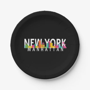 New York Manhattan skyline with palms Paper Plate