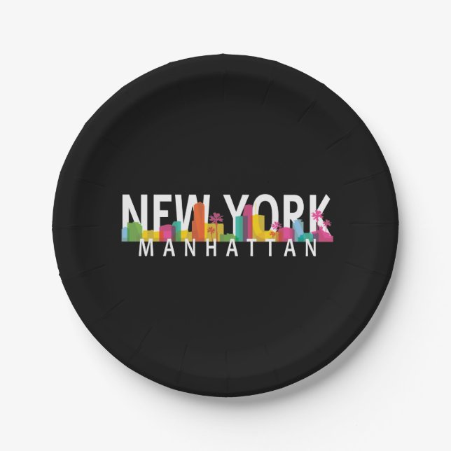 New York Manhattan skyline with palms Paper Plate (Front)