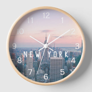 New York Manhattan Text Pink Blue Skyline Sunset Clock