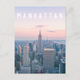 New York Manhattan Text Pink Blue Skyline Sunset  Postcard