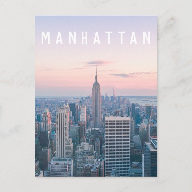 New York Manhattan Text Pink Blue Skyline Sunset  Postcard (Front)
