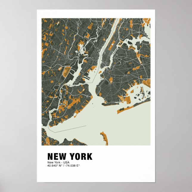New York Map Poster - New York Green & Yellow Map (Front)