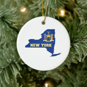 New York Map Shaped New Yorker State Flag Ceramic Ornament