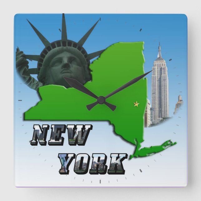 New York Map, Statue of Liberty, Monument Square Wall Clock (Front)