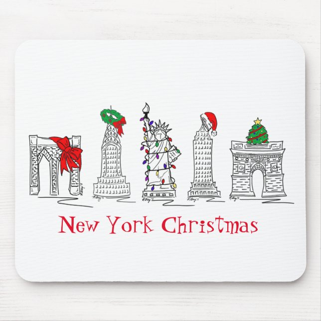 New York Merry Christmas NYC Holiday Landmarks Mouse Pad (Front)