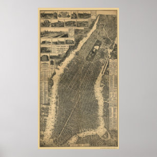 New York, NY Panoramic Map - 1879 Poster