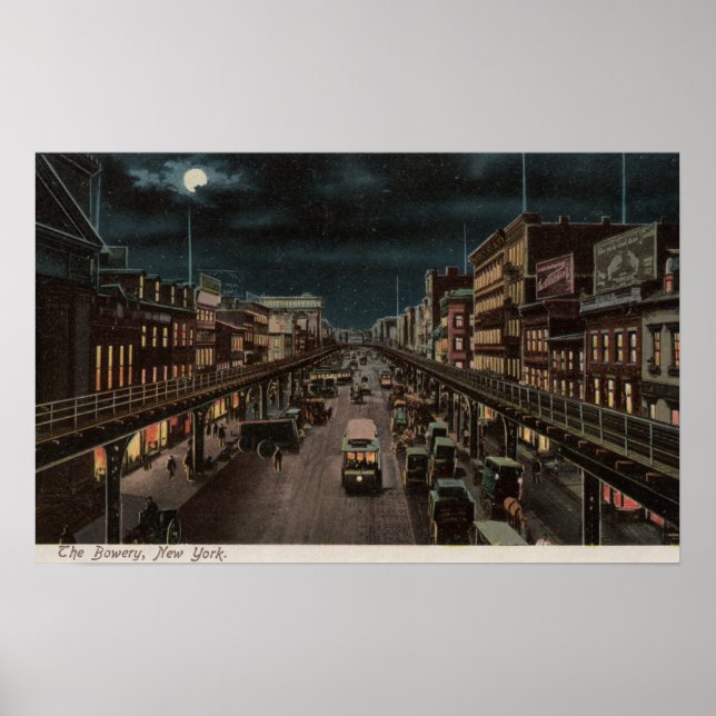 New York, NY - The Bowery - Night Scene Poster (Front)
