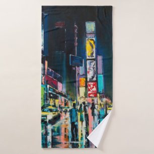 "New York" oil painting, a night view of New York, Bath Towel