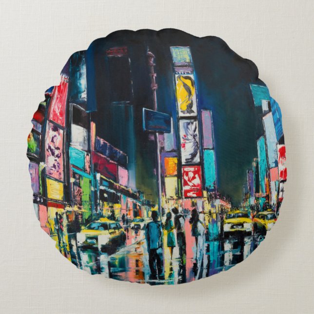 "New York" oil painting, a night view of New York, Round Cushion (Front)