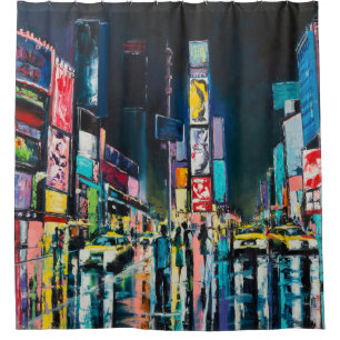 "New York" oil painting, a night view of New York, Shower Curtain